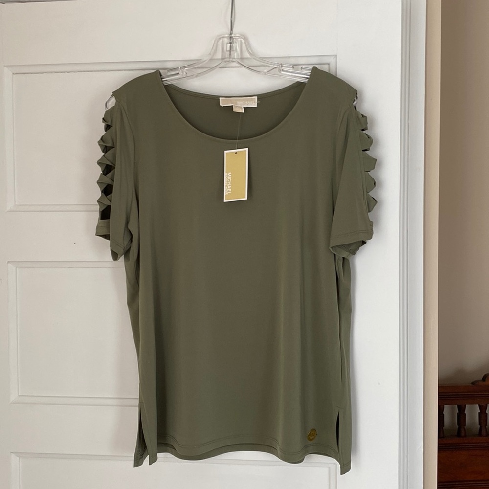 Short sleeve top with open sleeves. Color is OLIVE.